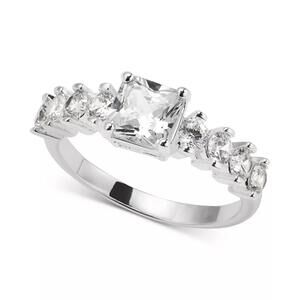 Silver-Tone Crystal Square & Round Statement Ring